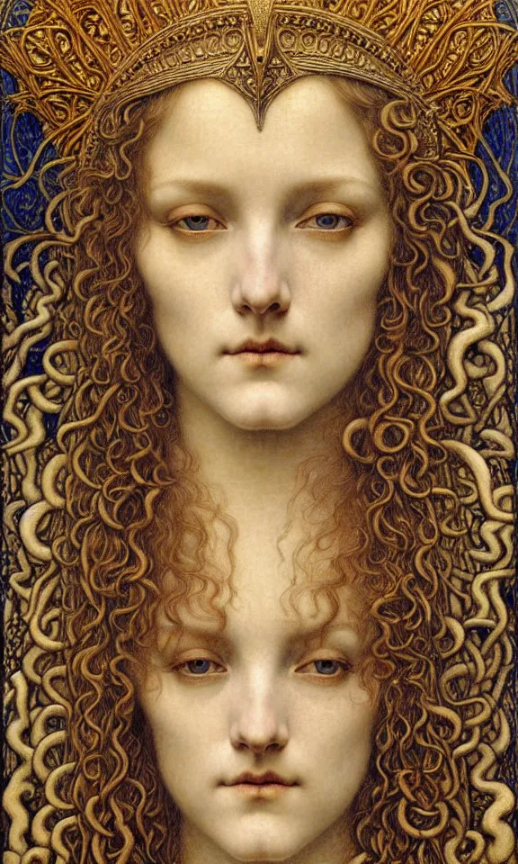 Image similar to detailed realistic beautiful young medieval queen face portrait by jean delville, gustave dore and marco mazzoni, art nouveau, symbolist, visionary, gothic, pre - raphaelite. horizontal symmetry