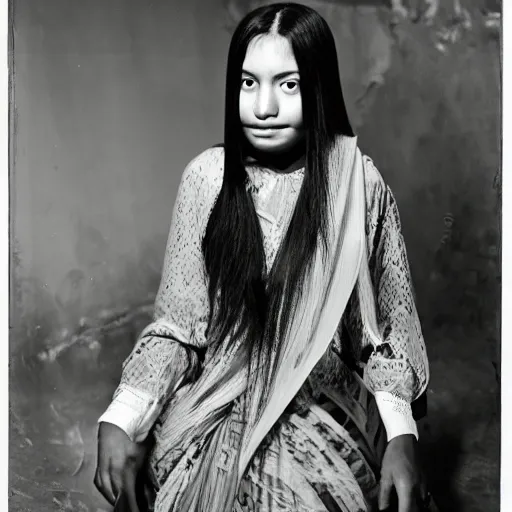 Image similar to young iraqui woman with long black straight hair, white dress