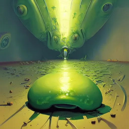 Image similar to the blob, a being of green ghostly ooze making its way through abandoned midnight, ray swanland, rhads,