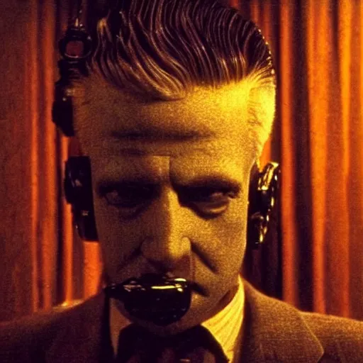 Image similar to movie scene of a man with a robot head, movie still, cinematic composition, cinematic lightning, Movie by David Lynch and Andrzej Żuławski