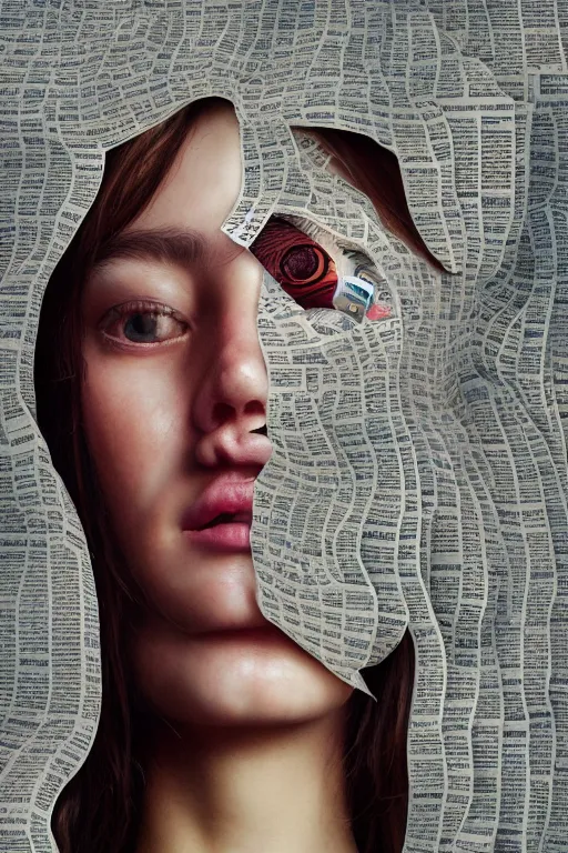 Image similar to 3 d, close - up, happy fashion model looking up, newspaper, tears, poster art, intricate oil painting, high detail, figurative art, multiple exposure, poster art, 3 d, by stanley kubrick and tooth wu and wlop and beeple