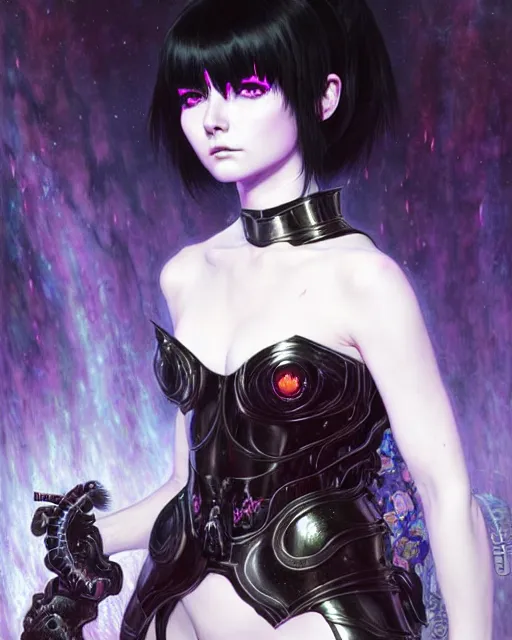 Prompt: portrait of beautiful cute goth girl with short white hairs in warhammer armor, art by ( ( ( kuvshinov ilya ) ) ) and wayne barlowe and gustav klimt and artgerm and wlop