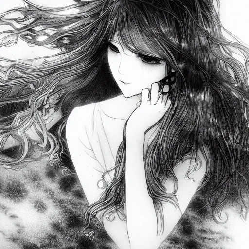 Image similar to a portrait of a character in a scenic environment by Yoshitaka Amano, black and white, dreamy, dark eyes, wavy silver hair, highly detailed