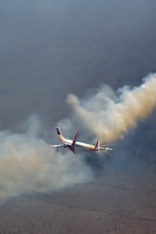 Prompt: Travel Ad, close-up on a plane flying above a drying landscape, forest fire