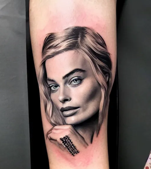 Image similar to tattoo design sketch mash up of margot robbie with beautiful mountain scenery, double eposure effect, in the style of arlo dicristina, surrealist, amazing detail, sharp