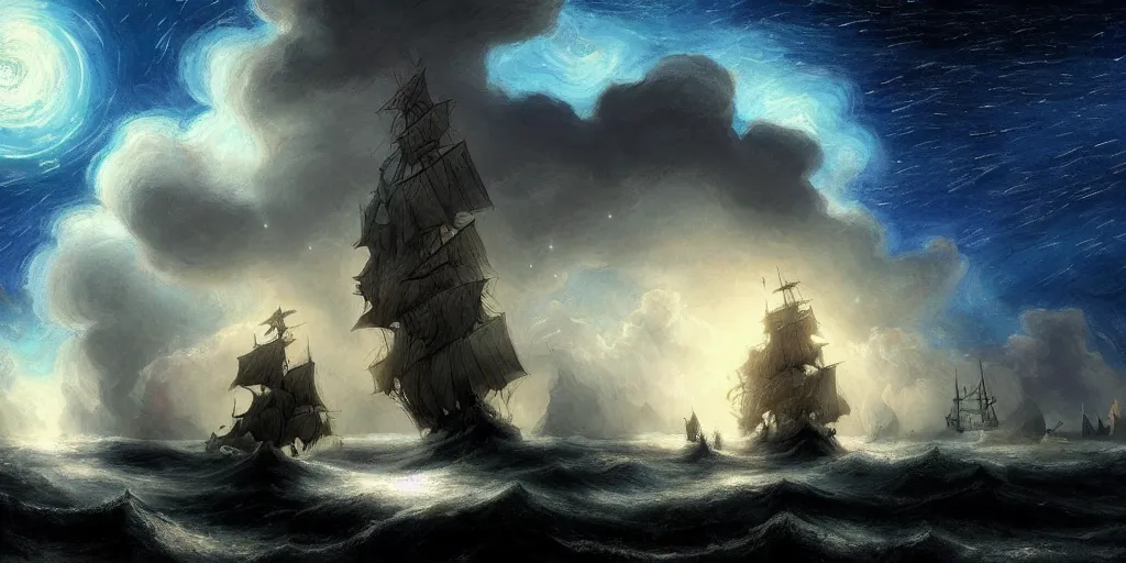 Prompt: a concept art of the greatest sailor of all time, looking at storm which destroyed ship, intricate details, starry night, artstation, epic scenery, colourful sky, by marco bucci and rembrandt