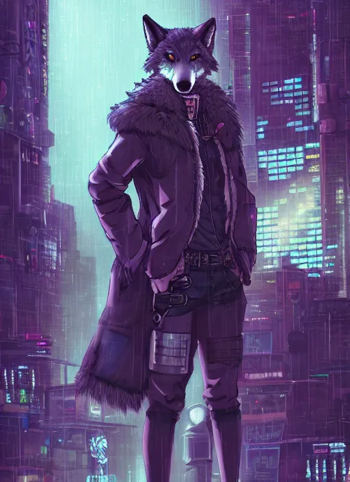 Image similar to character portrait of a male anthro wolf fursona with a tail and a cute beautiful attractive detailed furry face wearing stylish cyberpunk clothes in a cyberpunk city at night while it rains. hidari, color page, tankoban, 4K, tone mapping, Akihiko Yoshida.