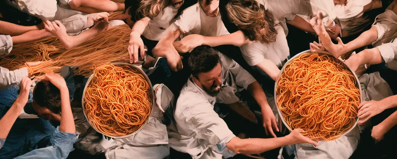 Image similar to a group of people being consumed by a giant bowl of spaghetti, fear, anxiety, canon 5 0 mm, cinematic lighting, photography, retro, film, kodachrome