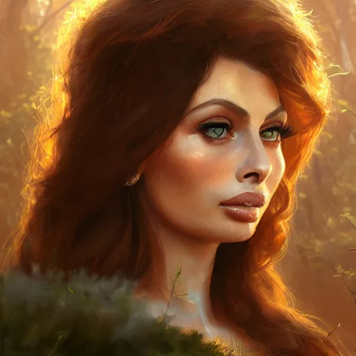 Image similar to closeup portrait of a young sophia loren, elf ears, forest background, megacity, high fantasy, dramatic light, gorgeous view, depth, high detail, digital art, painted by greg rutkowski, trending on artstation