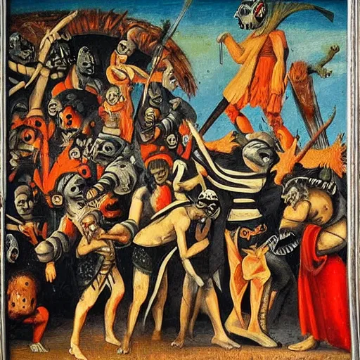 Prompt: danhausen waving to the crowd dante's inferno!!! medieval painting, oil painting