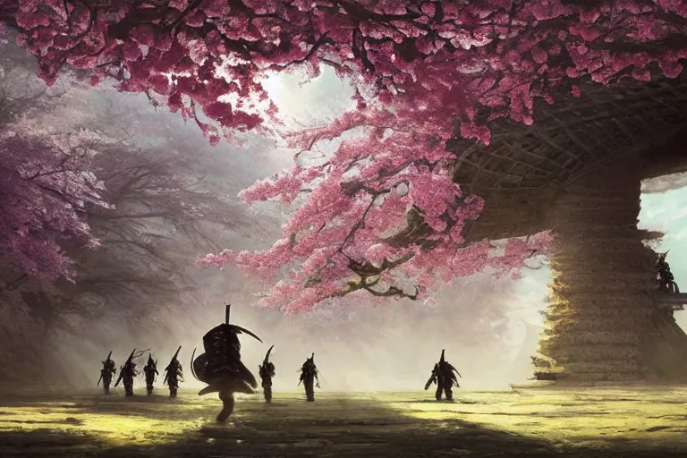 Prompt: aliens brainsuckers fighting samurais, at beautiful picture of sakura in full bloom, palace ，, by greg rutkowski and thomas kinkade, trending on artstation