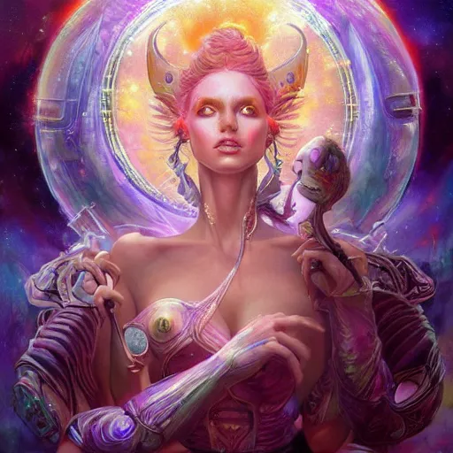 Image similar to beautiful gemini good and evil fantasy female character portrait, highly saturated colors, ultra realistic, wide angle, intricate details, the fifth element artifacts, holographic undertones, highly detailed by peter mohrbacher, hajime sorayama, wayne barlowe, boris vallejo, aaron horkey, gaston bussiere, craig mullins