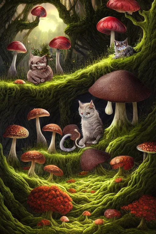 Image similar to a beautiful digital illustration painting of a detailed fantasy cats and roots, mushroom, flowers by benoit b. mandelbrot, steven belledin, martin johnson heade, lee madgwick, caspar david friedrich, and david rios ferreira. 8 k resolution trending on artstation concept art digital illustration