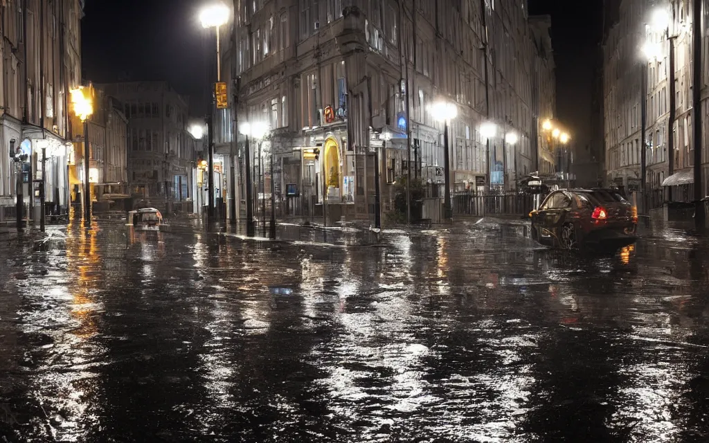 Image similar to wet helsinki street at night, in the style of grand theft auto gameplay