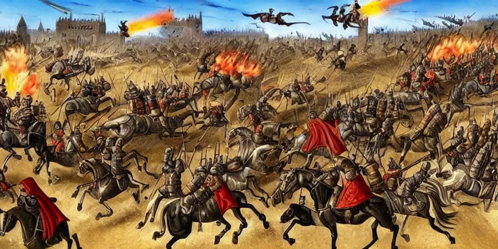 Image similar to medieval battlefield filled with cavalry fleeing from monster trucks!!!