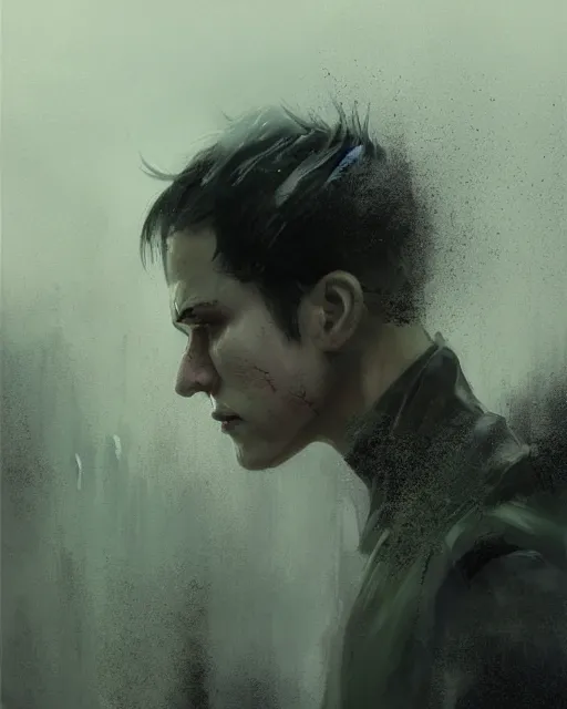 Image similar to battle hardened, overpowering, pragmatic, charismatic character from the matrix, face centered portrait, confident, ruined cityscape, sterile minimalistic room, architecture, fog, volumetric lighting, illustration, perfectly shaded, greenish tinge, cold lights soft painting, art by krenz cushart and wenjun lin