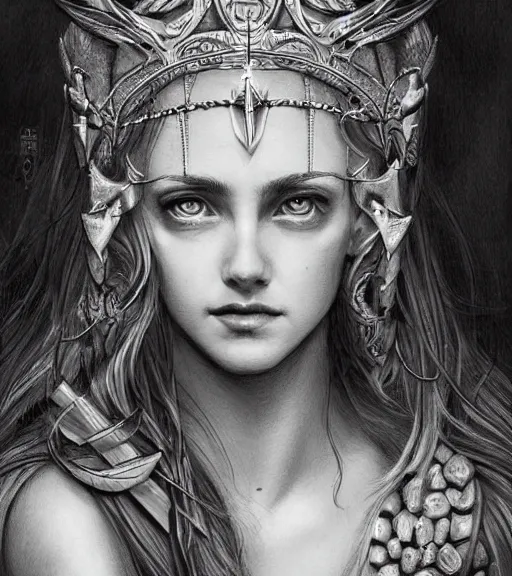 Image similar to beautiful aphrodite goddess wearing an arrow on her head, realistic face, beautiful eyes, black and white drawing, in the style of greg rutkowski, fantasy, amazing detail, epic, intricate, elegant, smooth, sharp focus