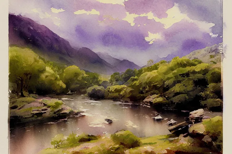Prompt: small centered on watercolor paper, paint brush strokes, abstract watercolor painting of blackberry valley and rose river, cinematic light, american romanticism by hans dahl, by jesper ejsing, by anders zorn, by greg rutkowski, by greg manchess, by tyler edlin