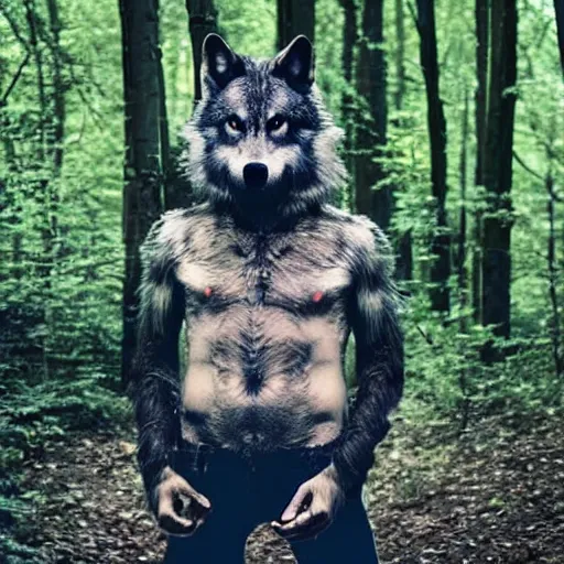 Prompt: werecreature consisting of a human and wolf, photograph captured in a forest