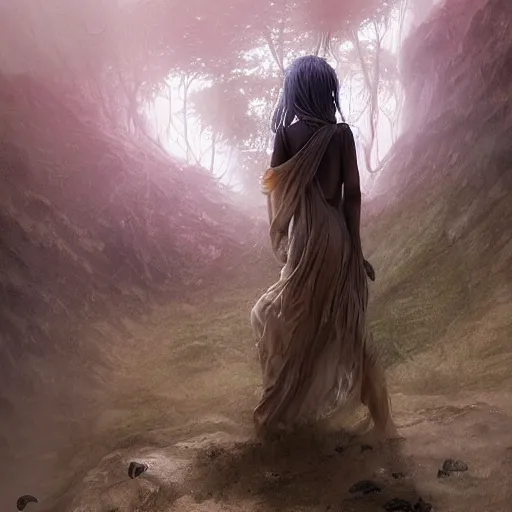 Image similar to beautiful banshee walks around Socotra among plants, flowers, trees and snags in a long transparent flowing dress and meets mystical animals, mystical insects, mystical birds, lizards, snakes, gorgeous, intricate, hypnotic dimensions, ruan jia, steve mccurry, Zdzislaw Beksinski style, sharp focus, intricate concept art, digital painting, ambient lighting, 4k, hdt, artstation trending on Gsociety, trending on ArtstationHQ, hyper quality, 16K