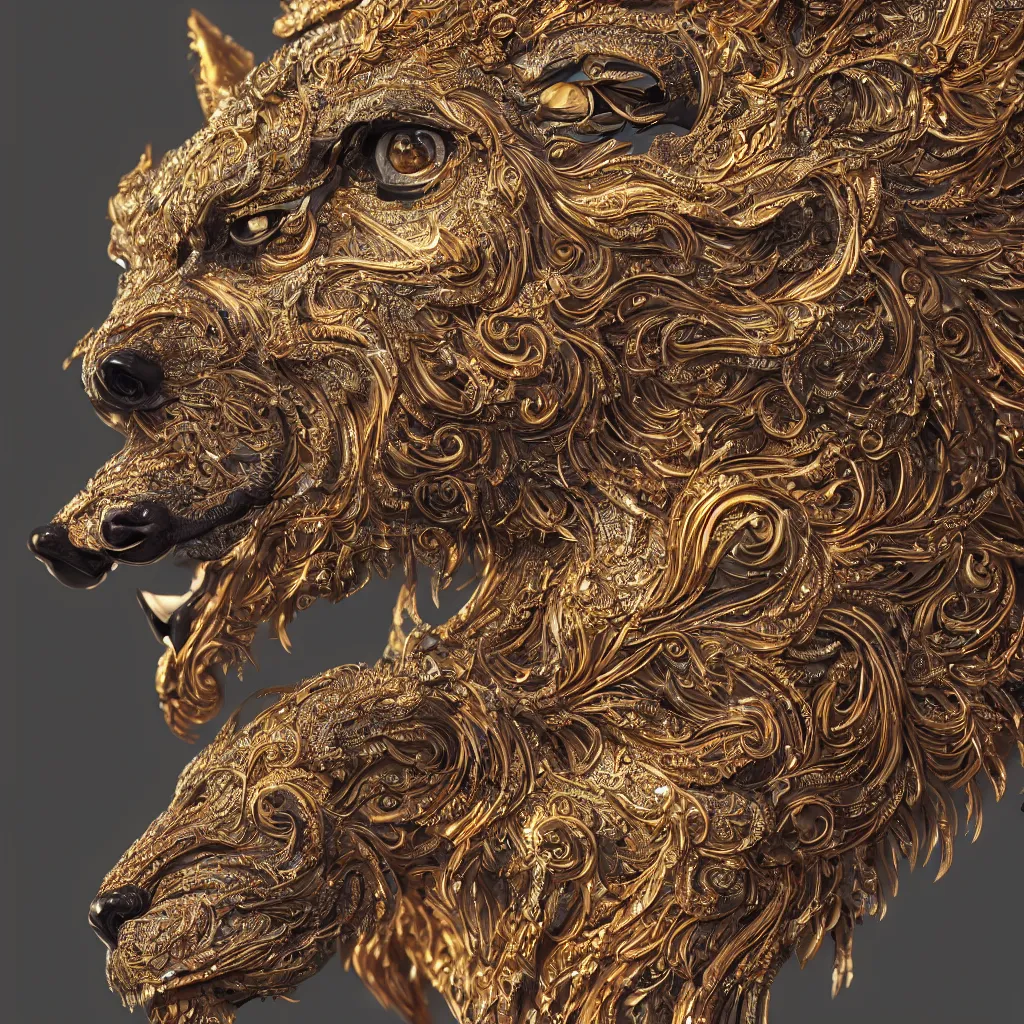 Prompt: a photo - real delicate sculpture of an ornate detailed wolf in front of a intricate background by aj fosik, micro detail, backlit lighting, octane renderer, colorful, physically based rendering, tribal art, backlit lighting, face in focus, octane renderer, colorful, physically based rendering, trending on cgsociety