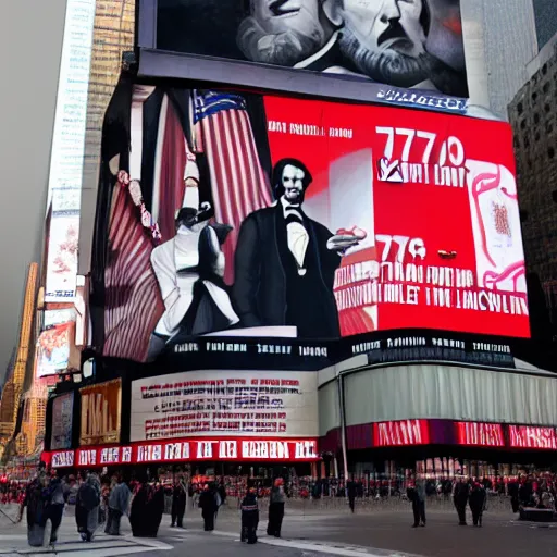 Prompt: the assassination of abraham lincoln in time square in 1 7 5 0 propaganda billboards american flags
