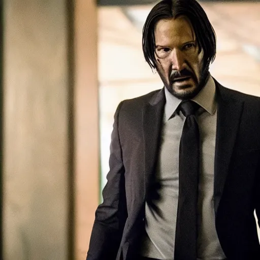 Image similar to Kermit the Frog as John Wick in a still from the film John Wick (2014)