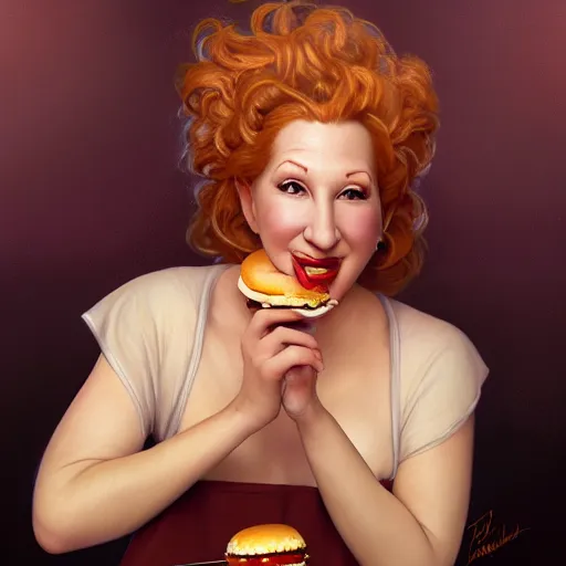 Prompt: portrait of bette midler eating hamburgers, extra onions and ketchup, luscious patty with sesame seeds, feminine ethereal, handsome, d & d, fantasy, intricate, elegant, highly detailed, digital painting, artstation, concept art, matte, sharp focus, illustration, art by artgerm and greg rutkowski and alphonse mucha