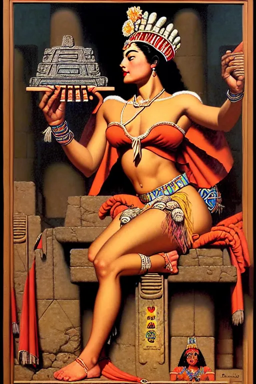 Prompt: an aztec goddess queen in a temple by gil elvgren and norman rockwell and rob gonsalves and hajime sorayama, hyperrealistic, high detail, ultra detailed, highly detailed face, feminine facial features, ruffled fabric