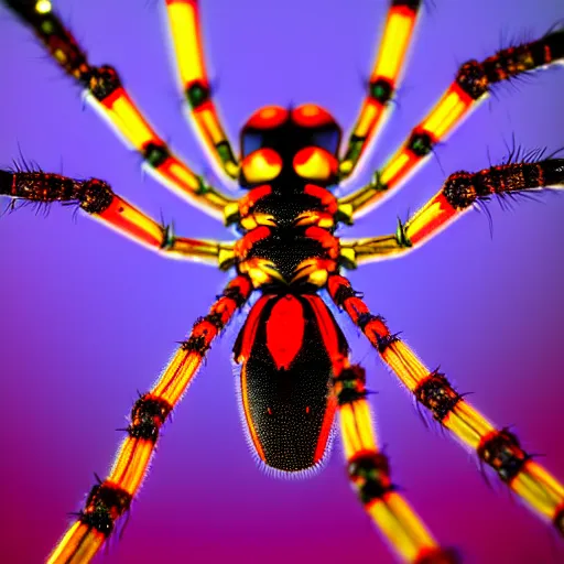 Prompt: a cybernetic spider, covered with red and yellow armor, 85mm 4K photo