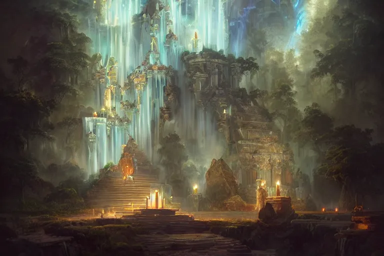 Image similar to Detailed Exterior of Temple Ruins, Cascading Waterfalls, light of god, light shafts, candles, stunning atmosphere, in Style of Peter Mohrbacher, cinematic lighting