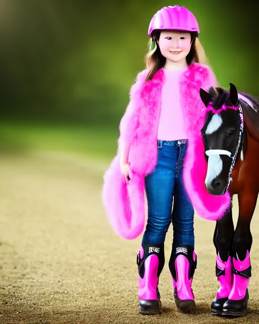 Image similar to young girl with rider boots, next to her is a pink pony, photo taken by nikon, sharp focus, highly detailed, studio lightning, 4 k