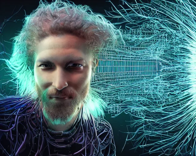 Image similar to glowing hair, complex cybernetic beings, beautiful hairy humanoids, cybermagnetosphere, cybernetic civilizations, ornate hair, love, joy, vortexes, large arrays, data holograms, 8 k, cinematic light shadows, wet hdr refractions, *, * * *, * * * * *