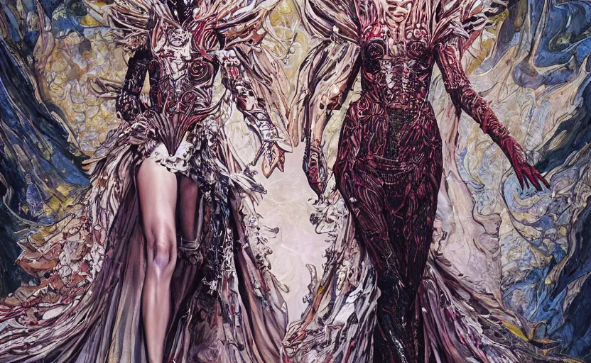 Image similar to fashion model walking down a catwalk, elaborate dress by alexander mcqueen, art by michael whelan and chris moore and howard david johnson and tim white and dan giancola