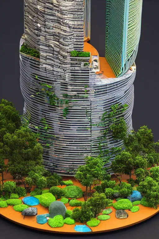 Prompt: 3 d printed physical model that is organic flowy including more than one city into one vertical building that sits on a table in a room with a view back and golden rim drame in the bottom, multiple stories, transparent, with vegetation, colorful, eye - level view, 8 0 k, octane render, highly detailed 3 d render,