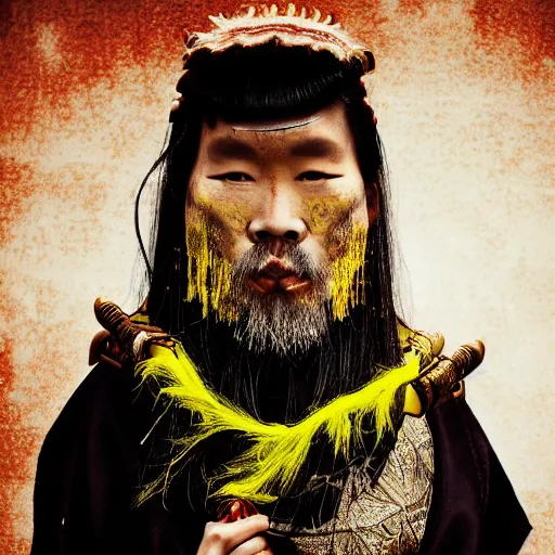 Prompt: ! dream portrait of old samurai with a goat beard, ready to fight, goth punk, vibrant yellow, colors, surreal, a french baroque by by alexander mcqueen, hyper detailed, very detailed, photograph, cinematic lighting, photorealistic, octane render, intense red backdrop
