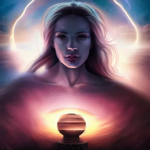 Image similar to celestial goddess portrait, legendary epic shot, philosophical fiction, low angle, dawn, by artgerm, julie bell, beeple and Greg Rutkowski, airbrush, science fantasy, 90s, concept art, matte painting, Smooth gradients, octane render, 8k, High contrast, duo tone, depth of field, volumetric lightning, very coherent artwork