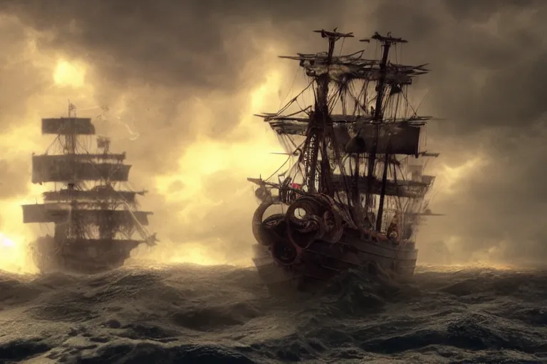 Prompt: epic pirate ship in a storm, sighting the kraken, in the style of vernon grant and chris van allsburg, trending on artstation, bright tilt - shift camcorder effect, photoshop, retrowave, hyperrealism,