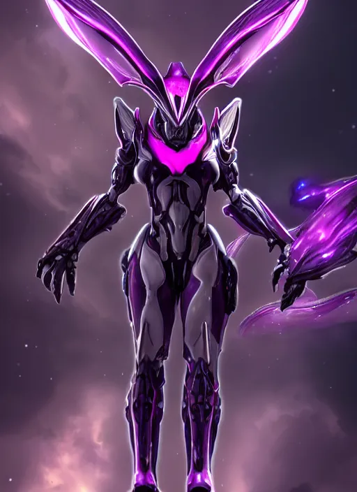 Image similar to cinematic close shot, galactic sized proportional stunning beautiful hot female warframe, sleek mecha goddess dragon head, metal ears, led purple eyes, smooth fuschia skin, smooth silver armor, floating in space, holding a galaxy, epic proportions, epic size, epic detail, furry art, dragon art, giantess art, warframe fanart, furaffinity, octane