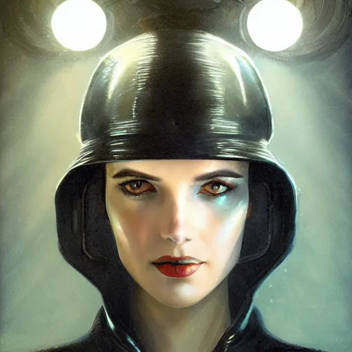 Image similar to portrait of a bladerunner art deco winona rider with a outer light falling on her face, sci-fi, intricate lighting, elegant noir, highly detailed, full-body-shot, digital painting, studio portrait, artstation, smooth, sharp focus, illustration, art by artgerm and greg rutkowski and Charlie Bowater