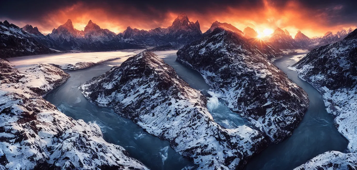 Prompt: amazing landscape photo of snowy mountains with river in sunset by max rive, beautiful dramatic lighting