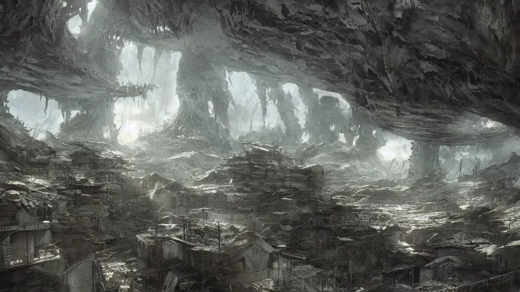 Image similar to post - apocalyspe settlement with houses, hydroponic farms, cave entrance, at dawn, painted by tsutomu nihei, painted by artgerm and greg rutkowski