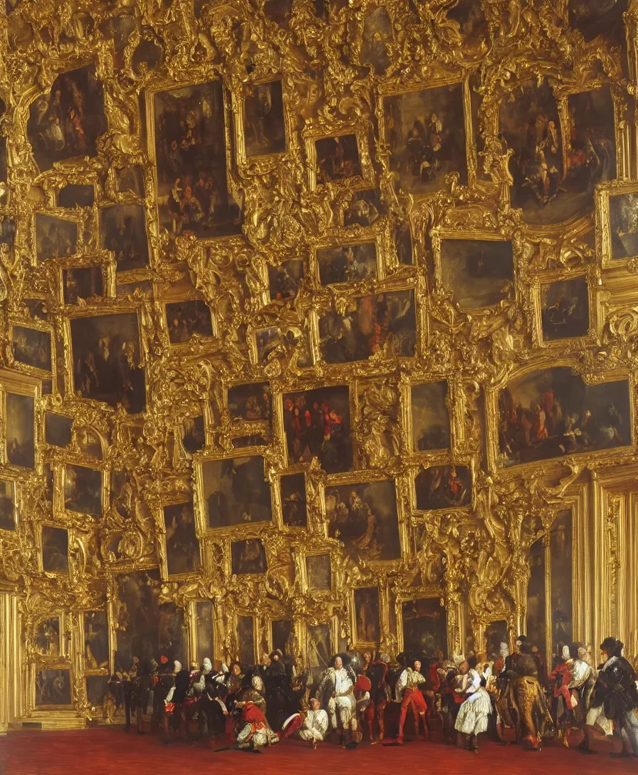 Image similar to fine art, oil on canvas baroque style by diego velasquez. the interior of the palace of versailles in france. fine art in the walls and