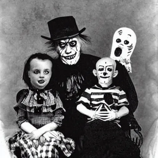 Prompt: old family portrait of pennywise and freddy krueger