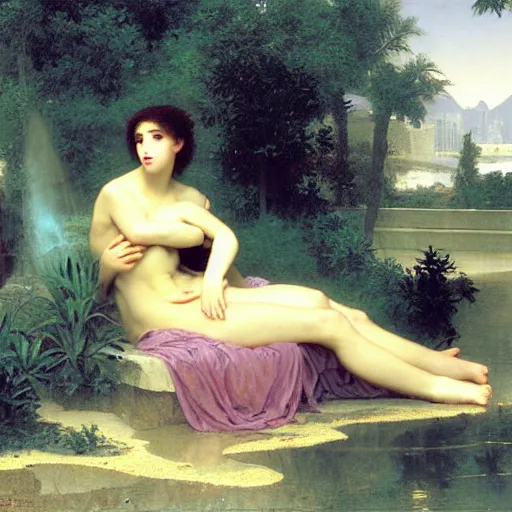 Image similar to vaporwave dreamscape, urban decay, by bouguereau