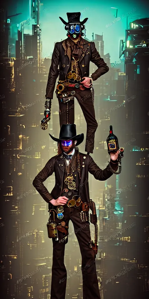 Image similar to Steampunk cowboy in a cyberpunk city