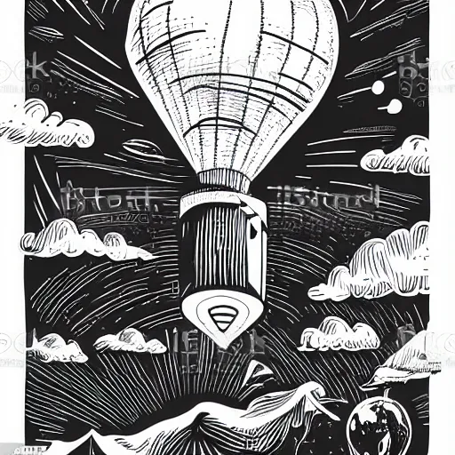 Prompt: zeppelin in the night sky, vector art, line art, engraving illustration