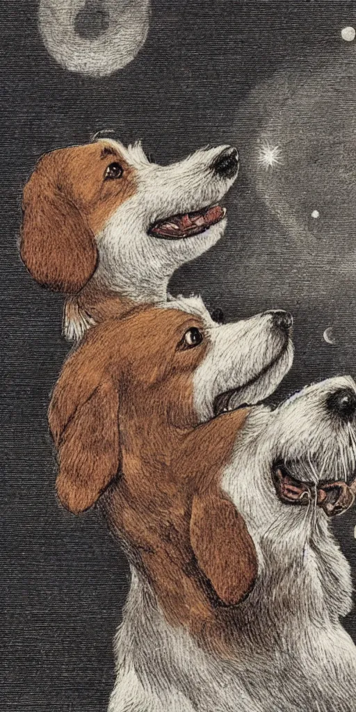 Prompt: jack russel dog looking up and howling with mouth open sad, night sky, highly detailed, side view, illustrated by peggy fortnum and beatrix potter and sir john tenniel