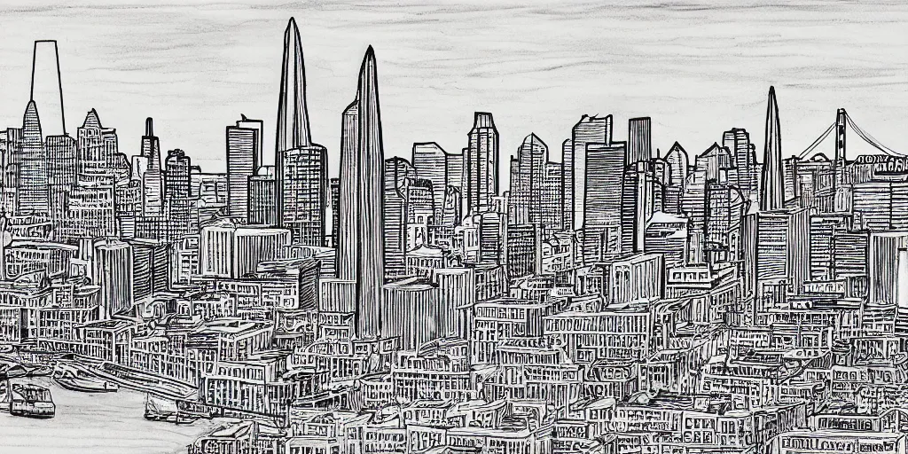 Prompt: black and white, san francisco harbor pen art by stephen wiltshire