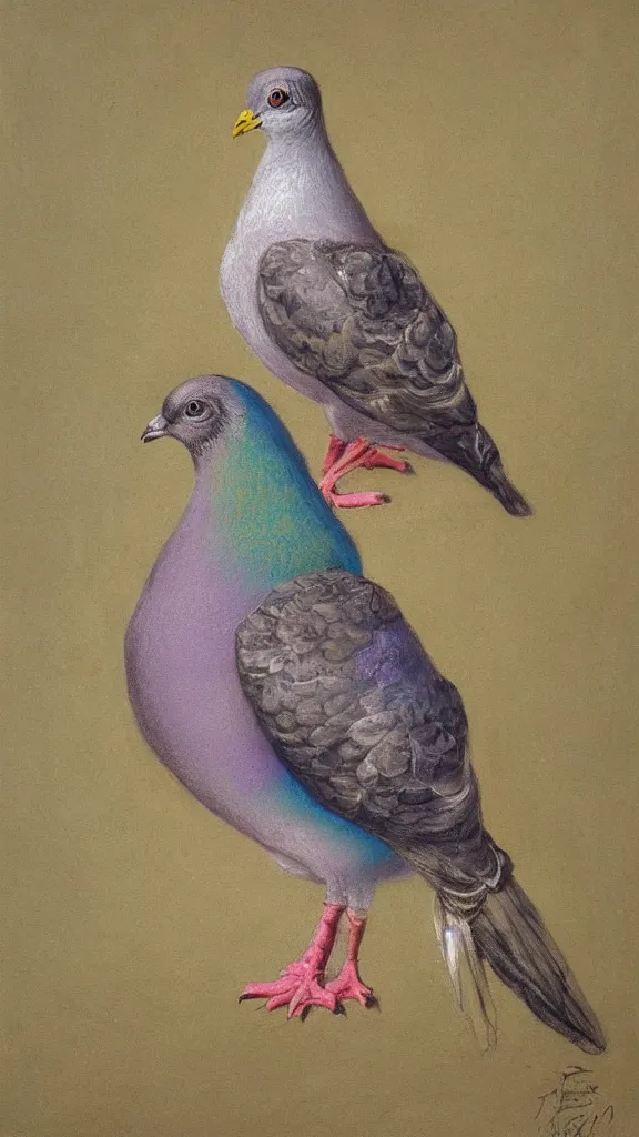 Image similar to rococo painting of a pigeon, pastel colour palette, iridescent
